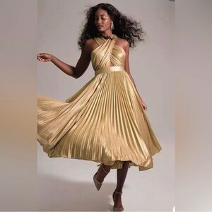 Anthropologie Gold Pleated Midi Dress NWT Pallavi Singh